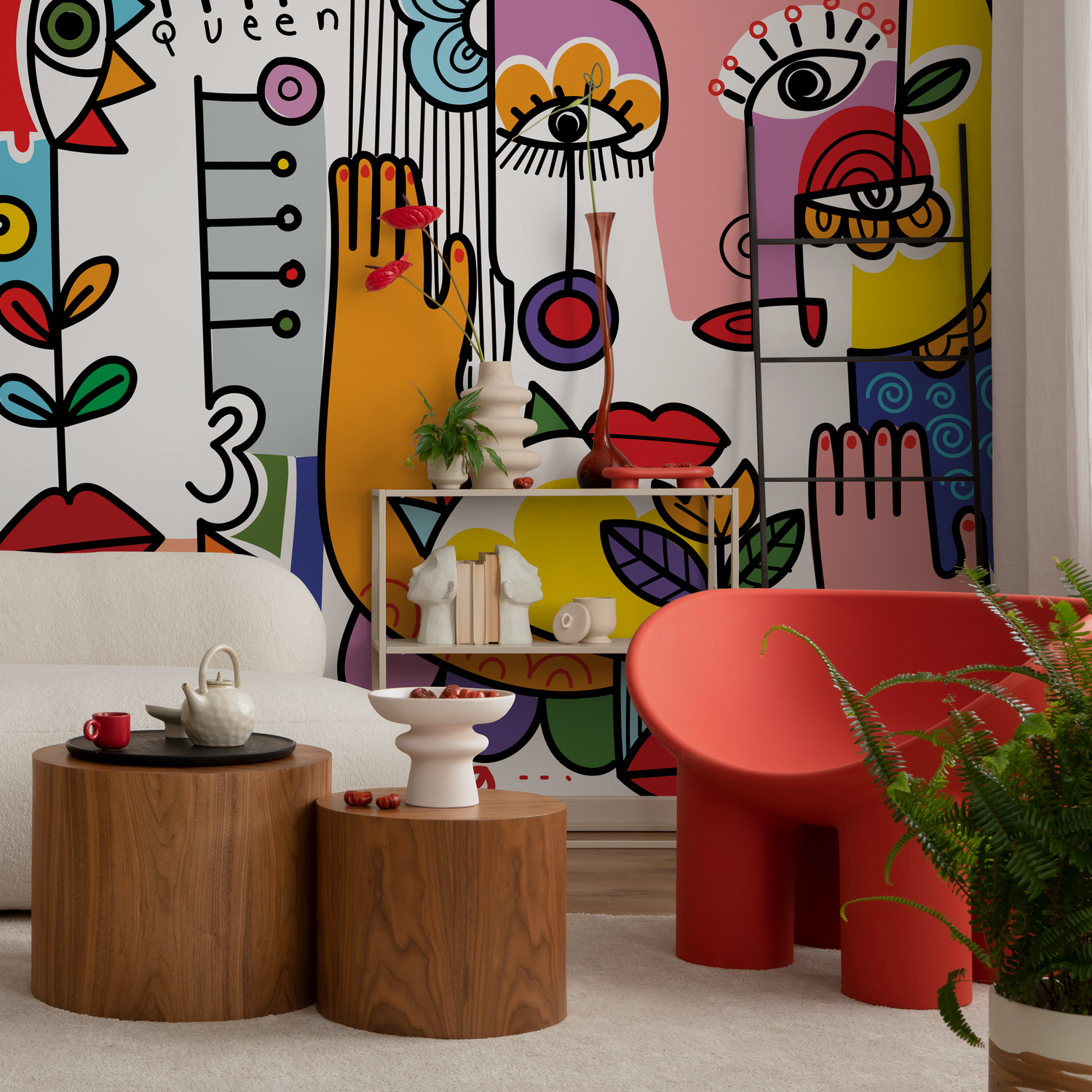Abstract Wallpaper with a Surrealist Face Mural in Yellow, Red, and Blue - D596