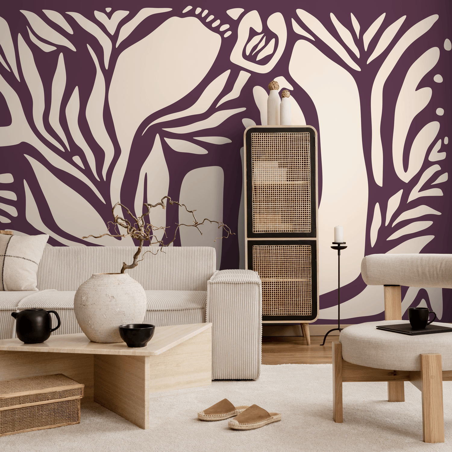 Abstract Wallpaper with Bold Organic Shapes in Purple and Beige - D626