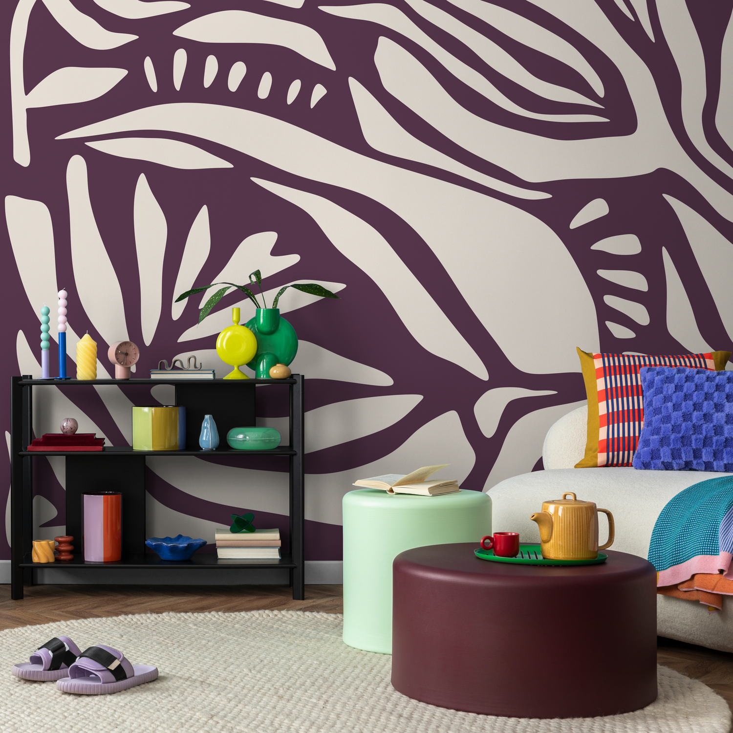 Abstract Wallpaper with Bold Organic Shapes in Purple and Beige - D626