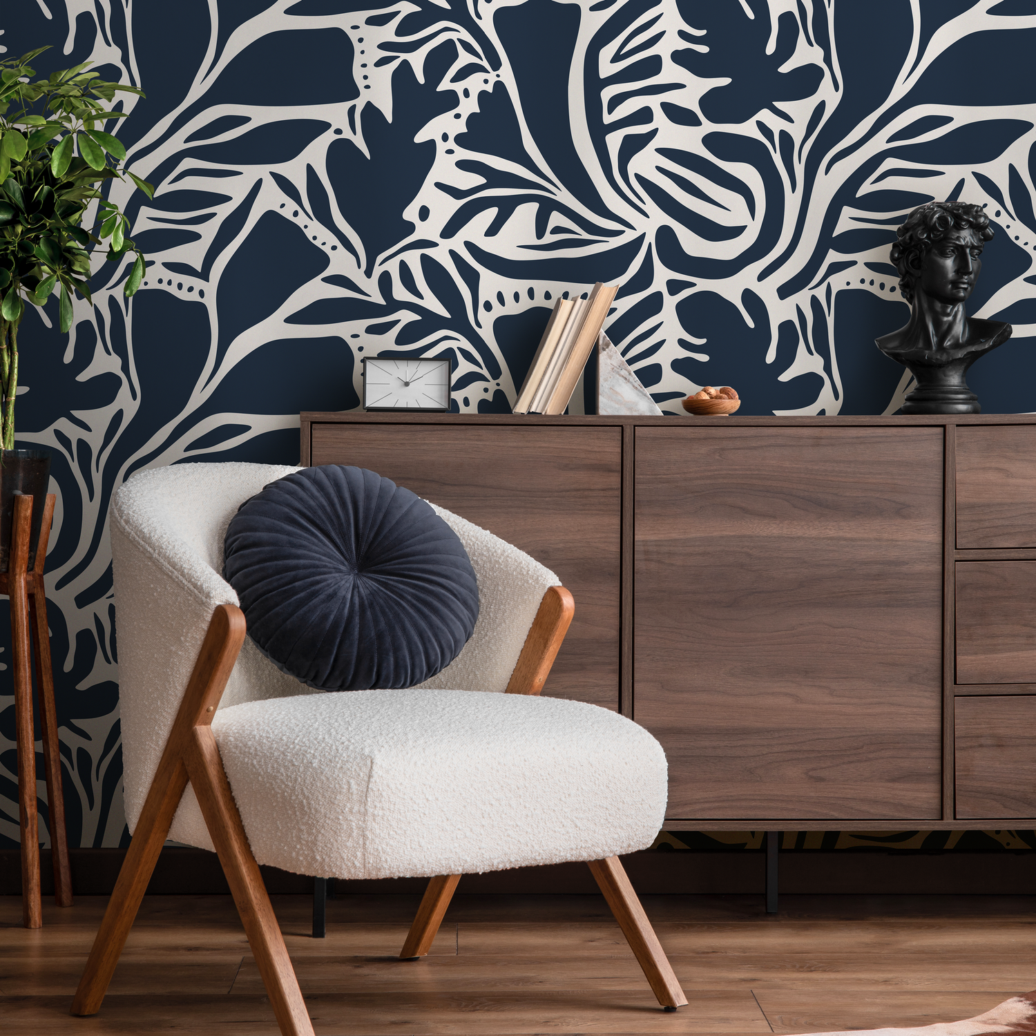 Abstract Wallpaper with Bold Leaf Cutouts in Navy and Cream - D640
