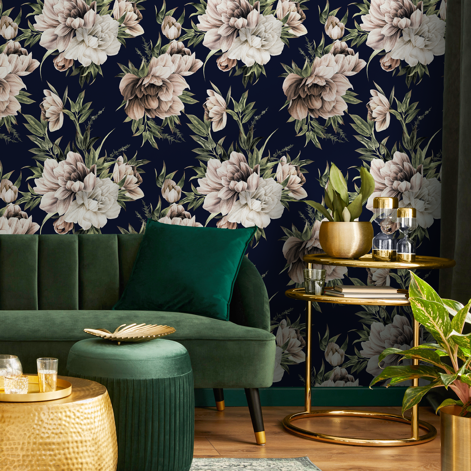 Floral Wallpaper Featuring Vintage Peonies in Navy Blue, Brown, and Cream - D643