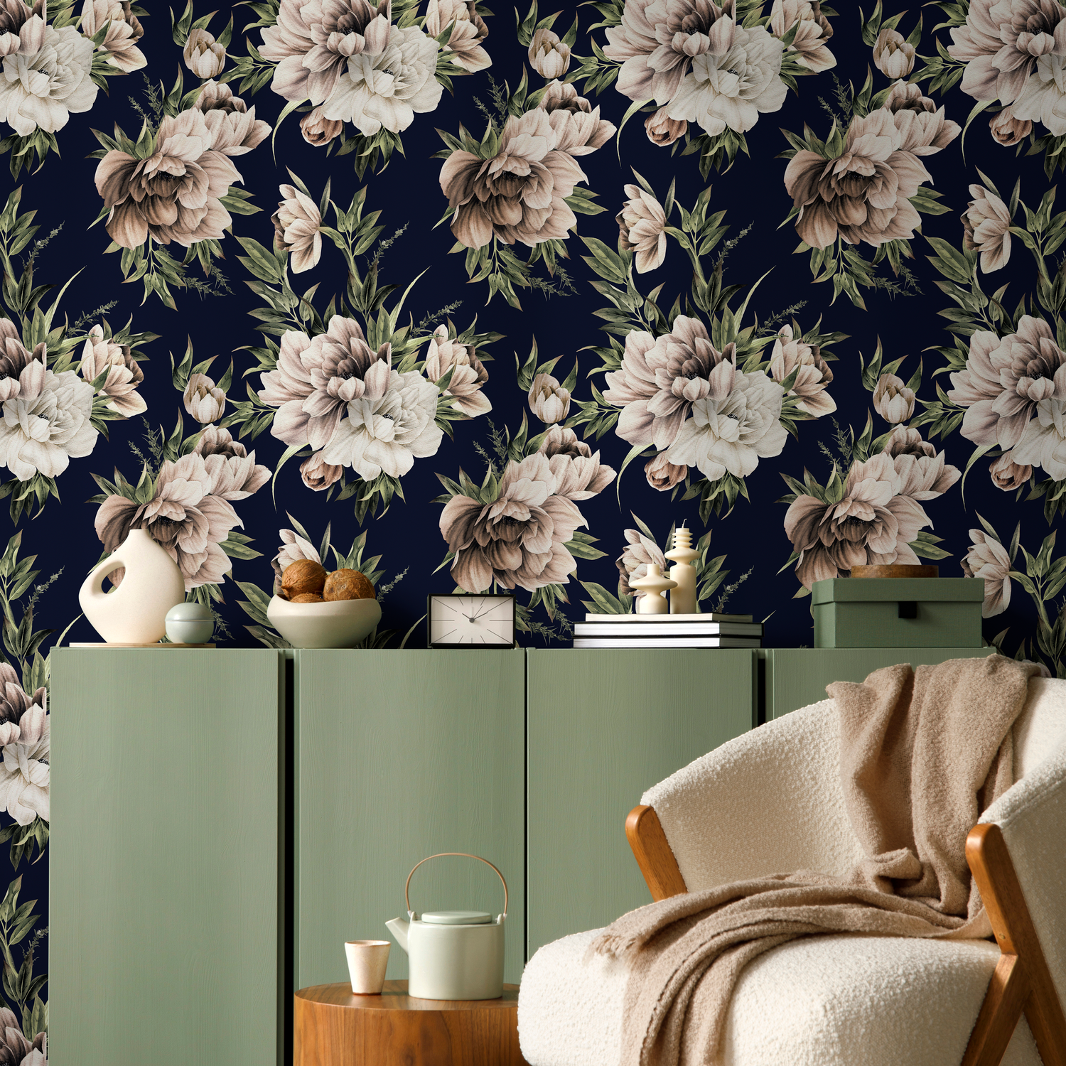 Floral Wallpaper Featuring Vintage Peonies in Navy Blue, Brown, and Cream - D643