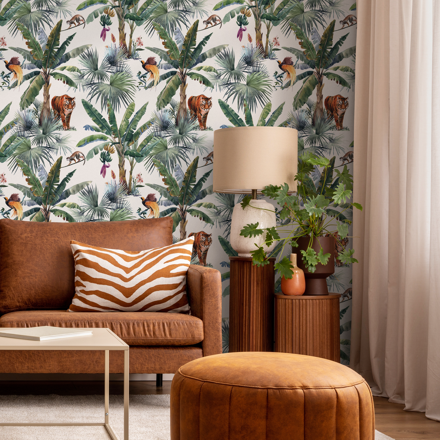Botanical Wallpaper with a Tropical Jungle Scene in Green and Orange - D645