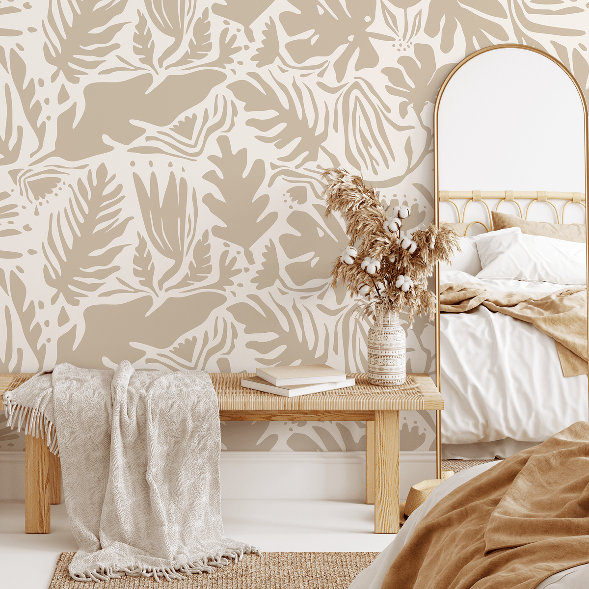 Neutral Leaf Abstract Wallpaper Boho Wallpaper Peel and Stick and Traditional Wallpaper - D665 - ONDECOR.COM