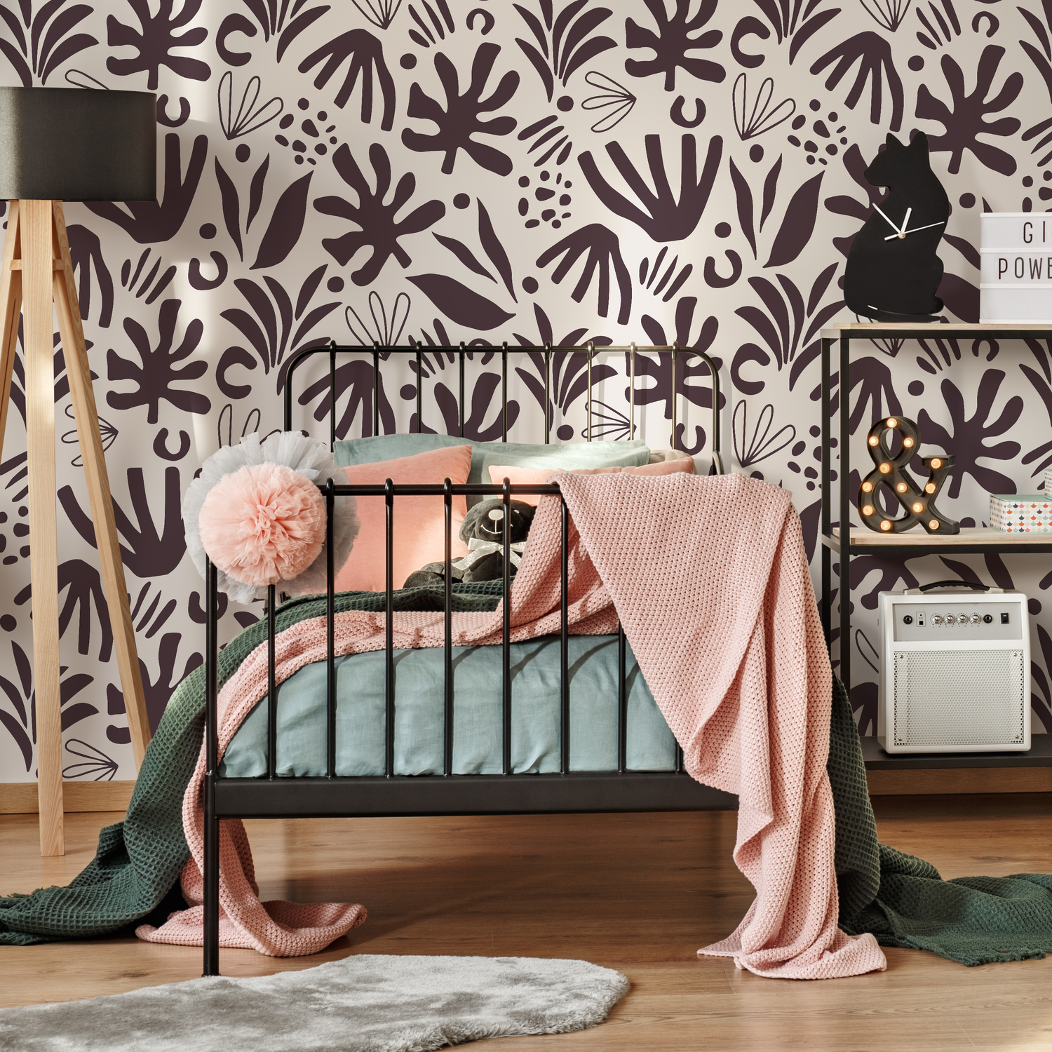 Abstract Wallpaper with a Modern Leaf Cutout Motif in Deep Brown and Beige - D684
