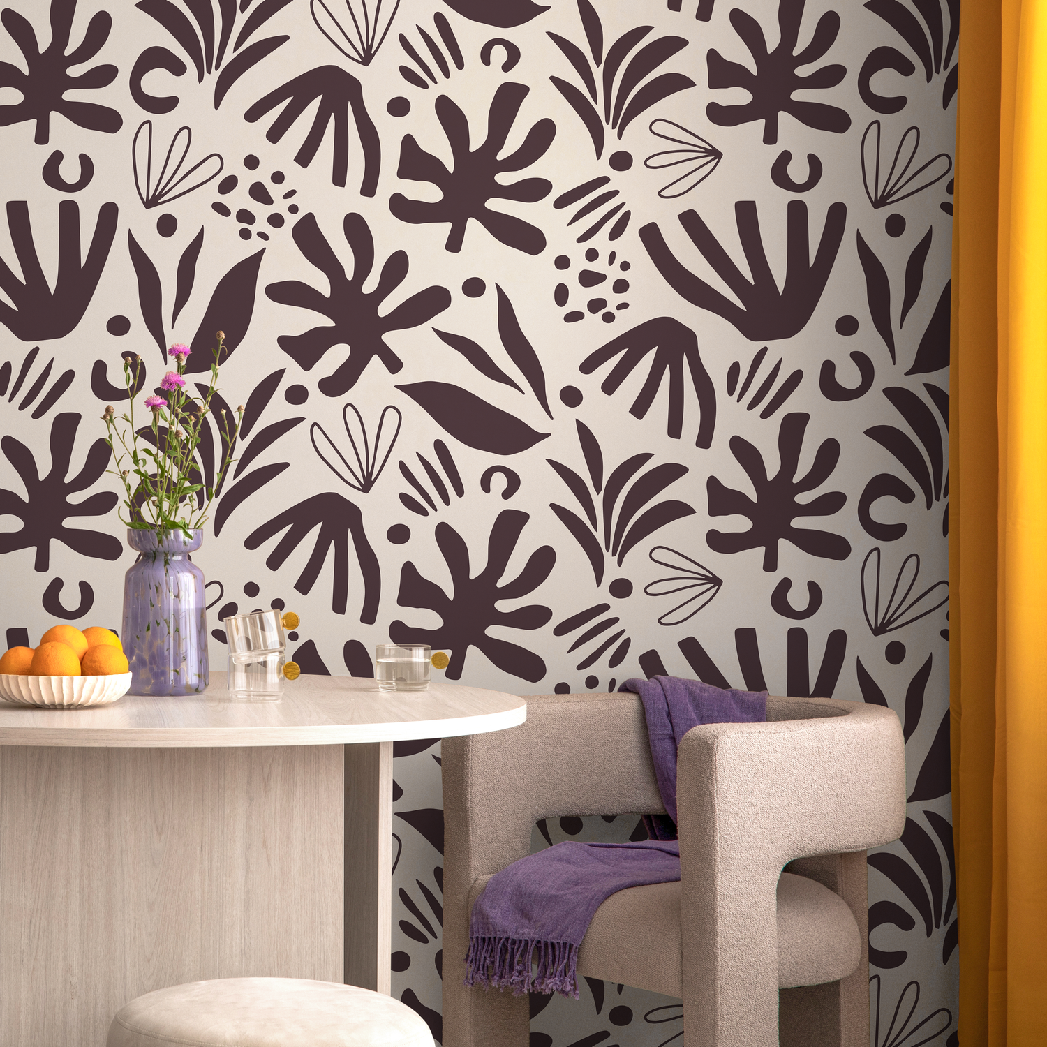 Abstract Wallpaper with a Modern Leaf Cutout Motif in Deep Brown and Beige - D684