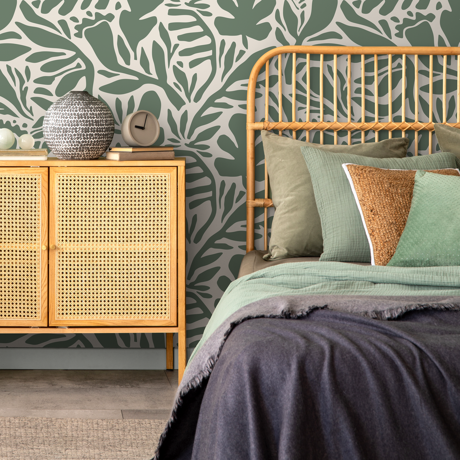 Abstract Wallpaper with a Stylized Leaf Motif in Sage Green and Cream - D697
