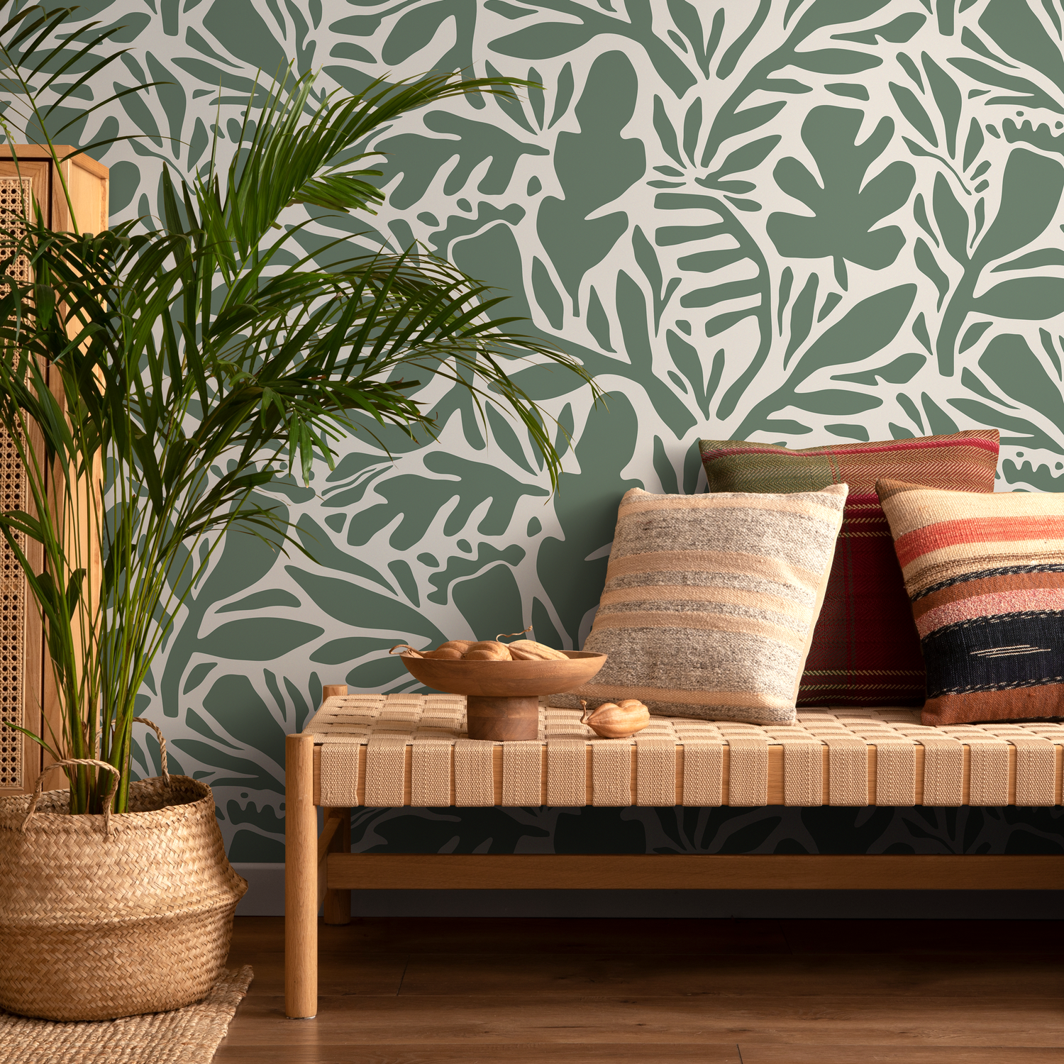Abstract Wallpaper with a Stylized Leaf Motif in Sage Green and Cream - D697
