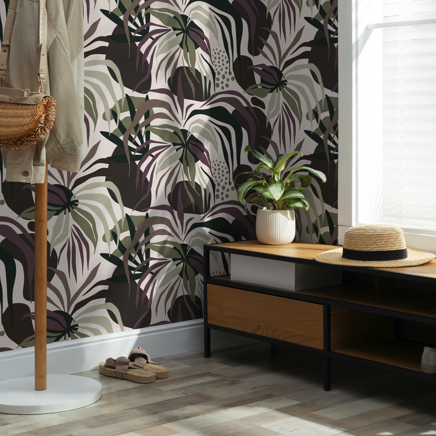 Botanical Wallpaper with Abstract Leaves in Green, Purple, and Brown - D713