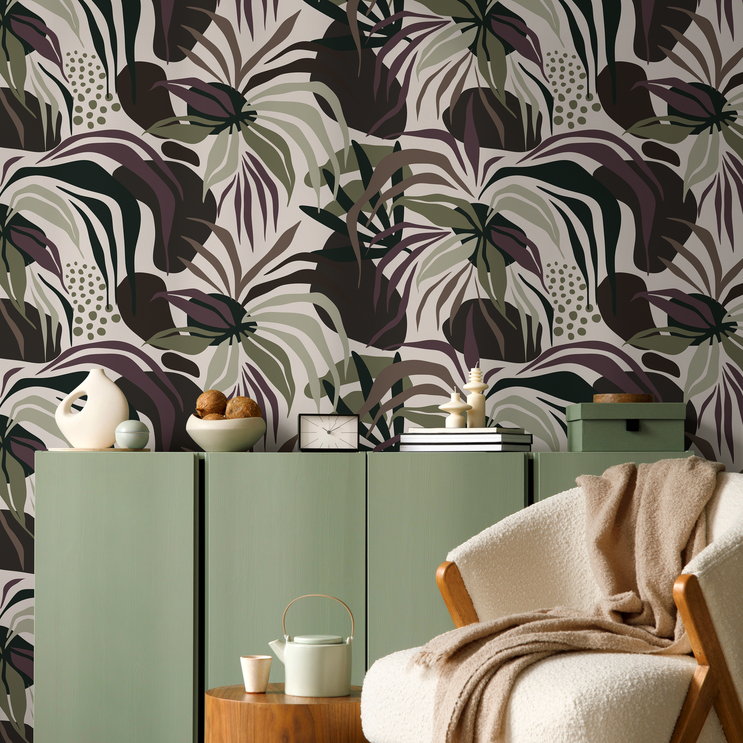 Botanical Wallpaper with Abstract Leaves in Green, Purple, and Brown - D713