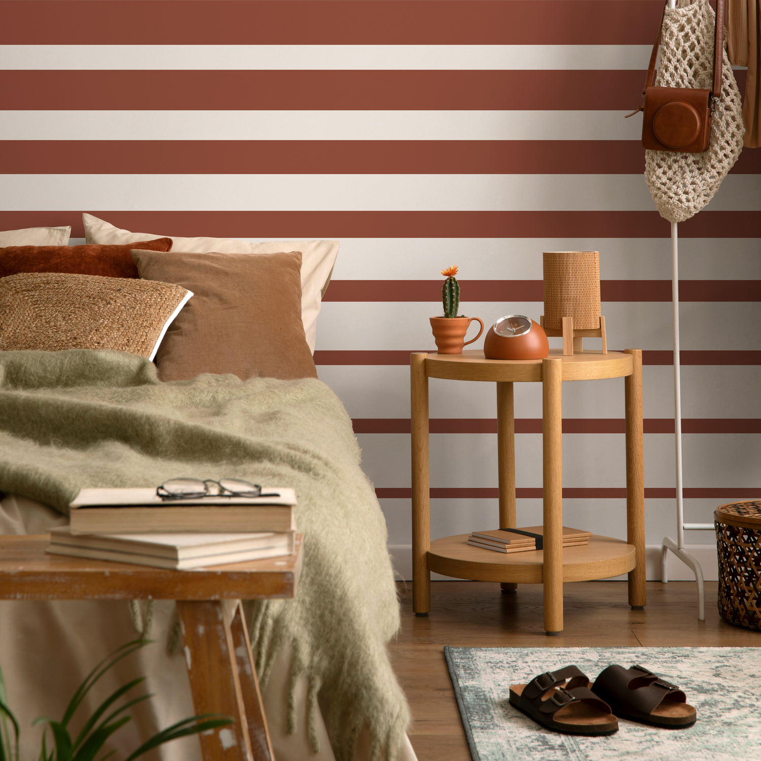Striped Wallpaper with a Bold Horizontal Motif in Terracotta and Cream - D728