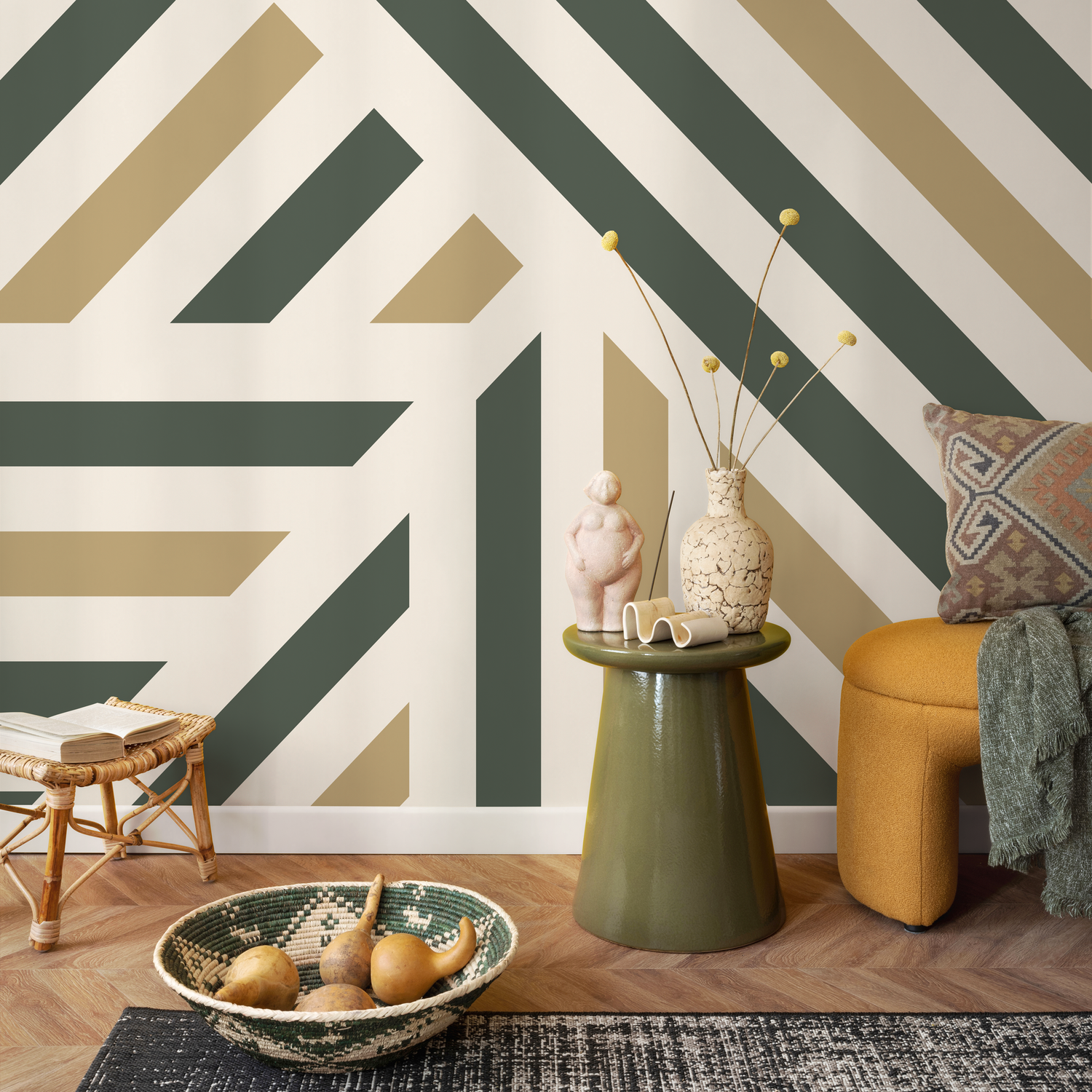 Geometric Wallpaper with Bold Diagonal Stripes in Green and Beige - D732