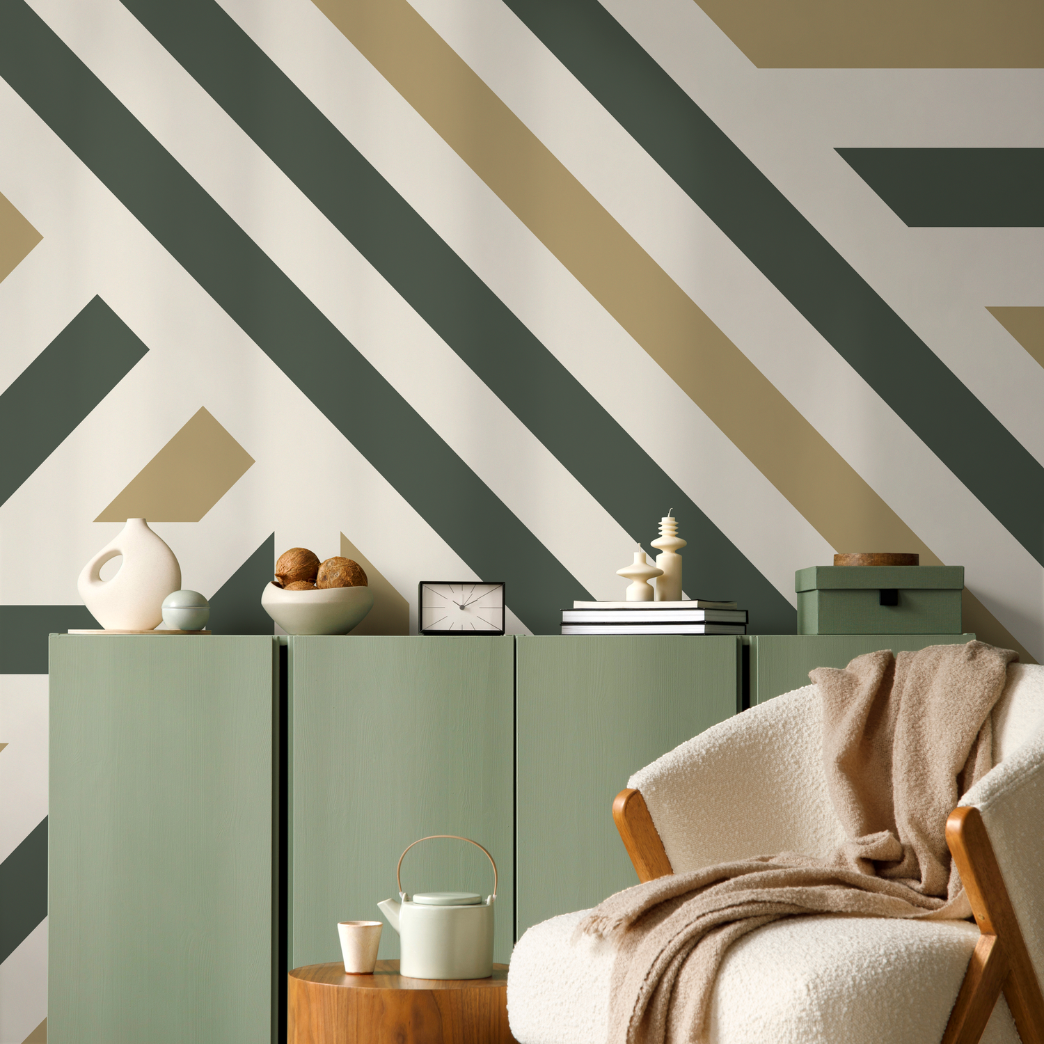 Geometric Wallpaper with Bold Diagonal Stripes in Green and Beige - D732