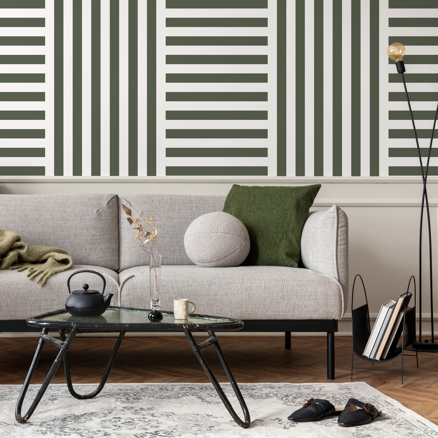 Geometric Wallpaper with Alternating Block Stripes in Olive Green - D735