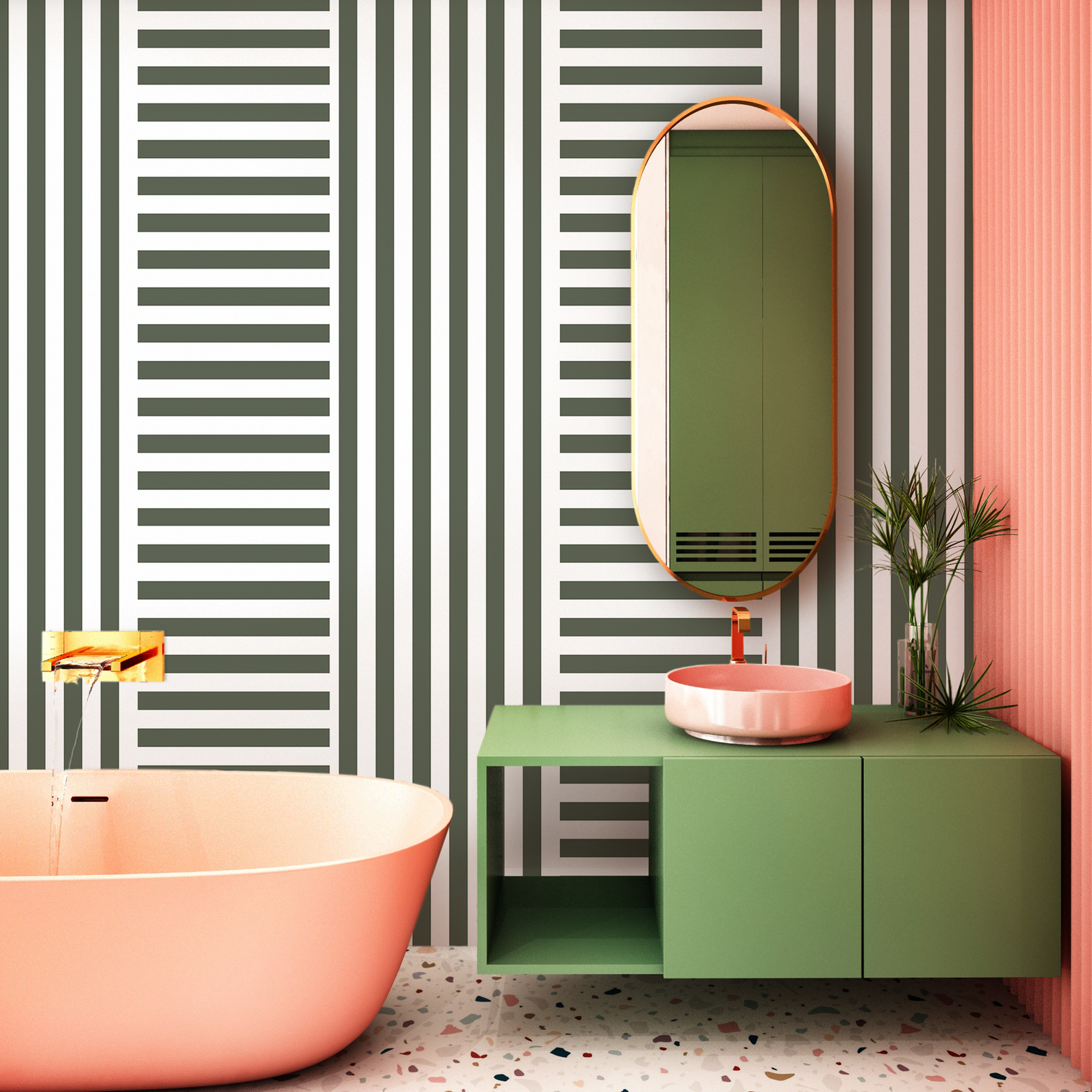 Geometric Wallpaper with Alternating Block Stripes in Olive Green - D735
