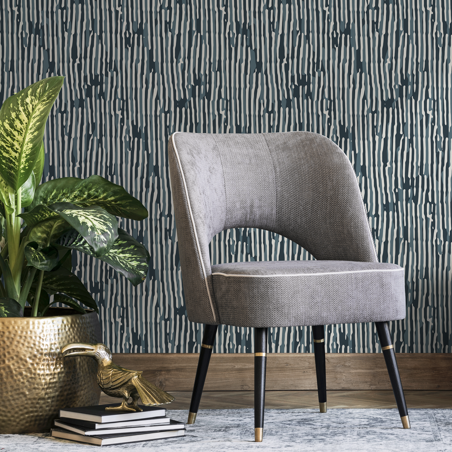 Abstract Wallpaper with an Organic Stripe Motif in Blue, Teal, and Cream - D744