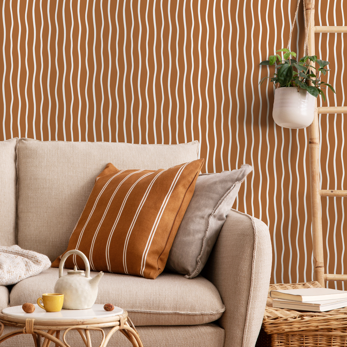 Terracotta Minimalist Lines Wallpaper Boho Wallpaper Peel and Stick and Traditional Wallpaper - D749 - ONDECOR.COM