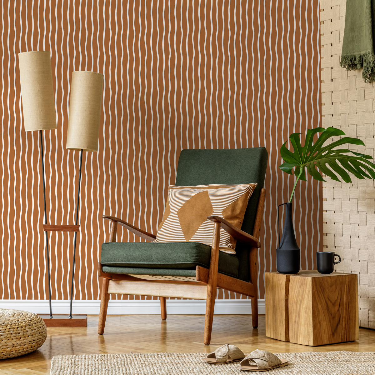 Terracotta Minimalist Lines Wallpaper Boho Wallpaper Peel and Stick and Traditional Wallpaper - D749 - ONDECOR.COM
