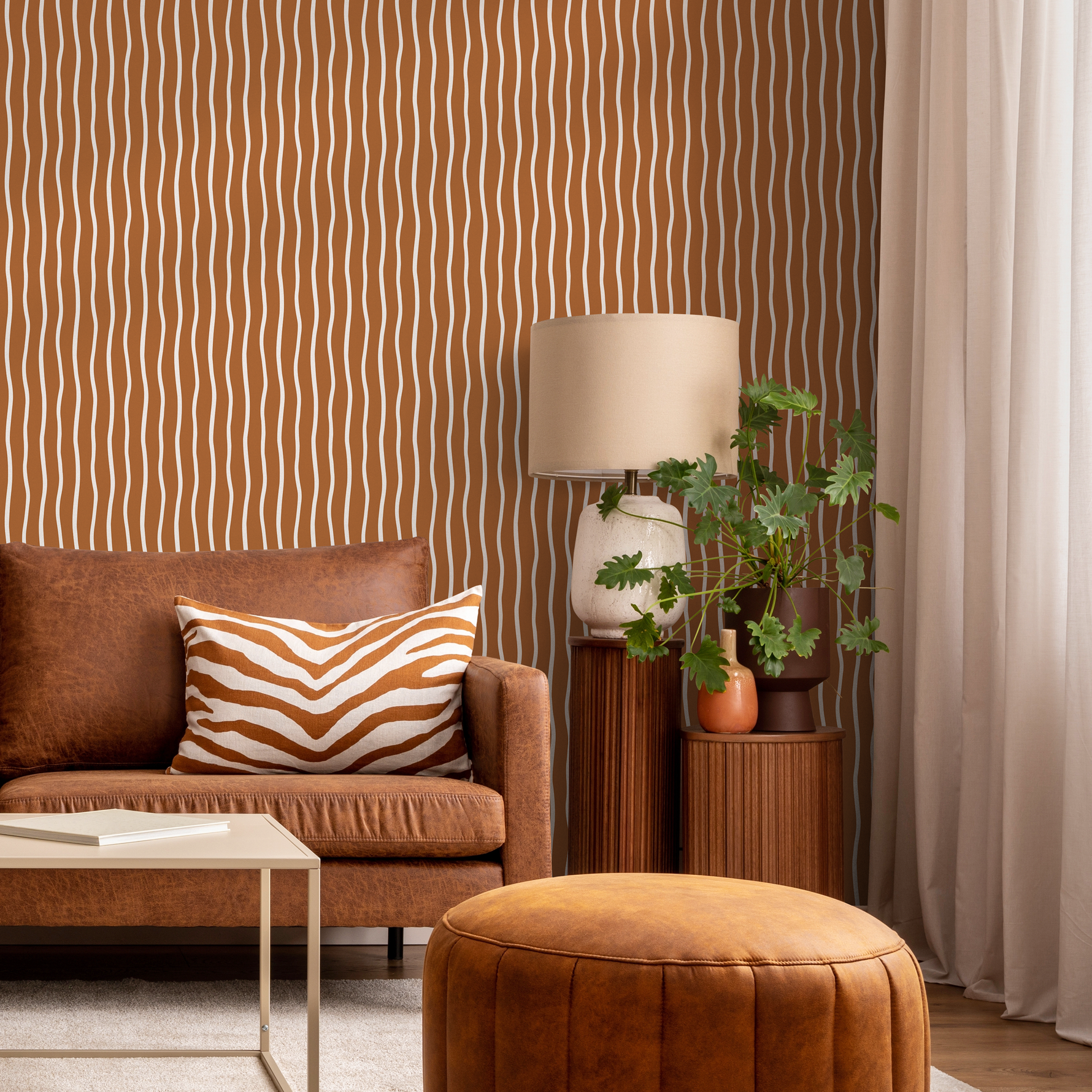 Terracotta Minimalist Lines Wallpaper Boho Wallpaper Peel and Stick and Traditional Wallpaper - D749 - ONDECOR.COM