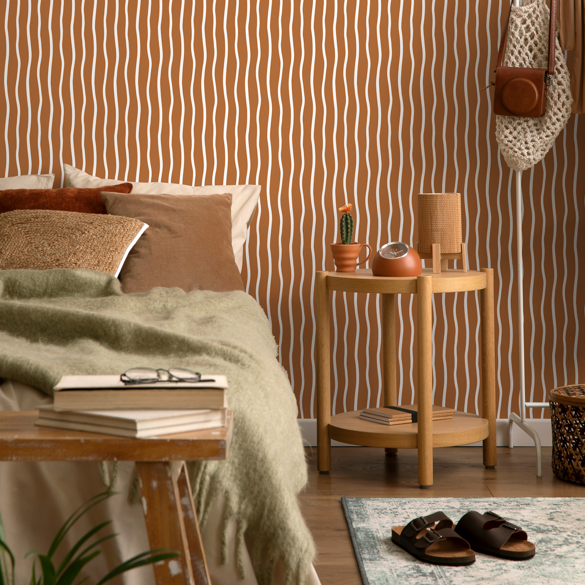 Terracotta Minimalist Lines Wallpaper Boho Wallpaper Peel and Stick and Traditional Wallpaper - D749 - ONDECOR.COM