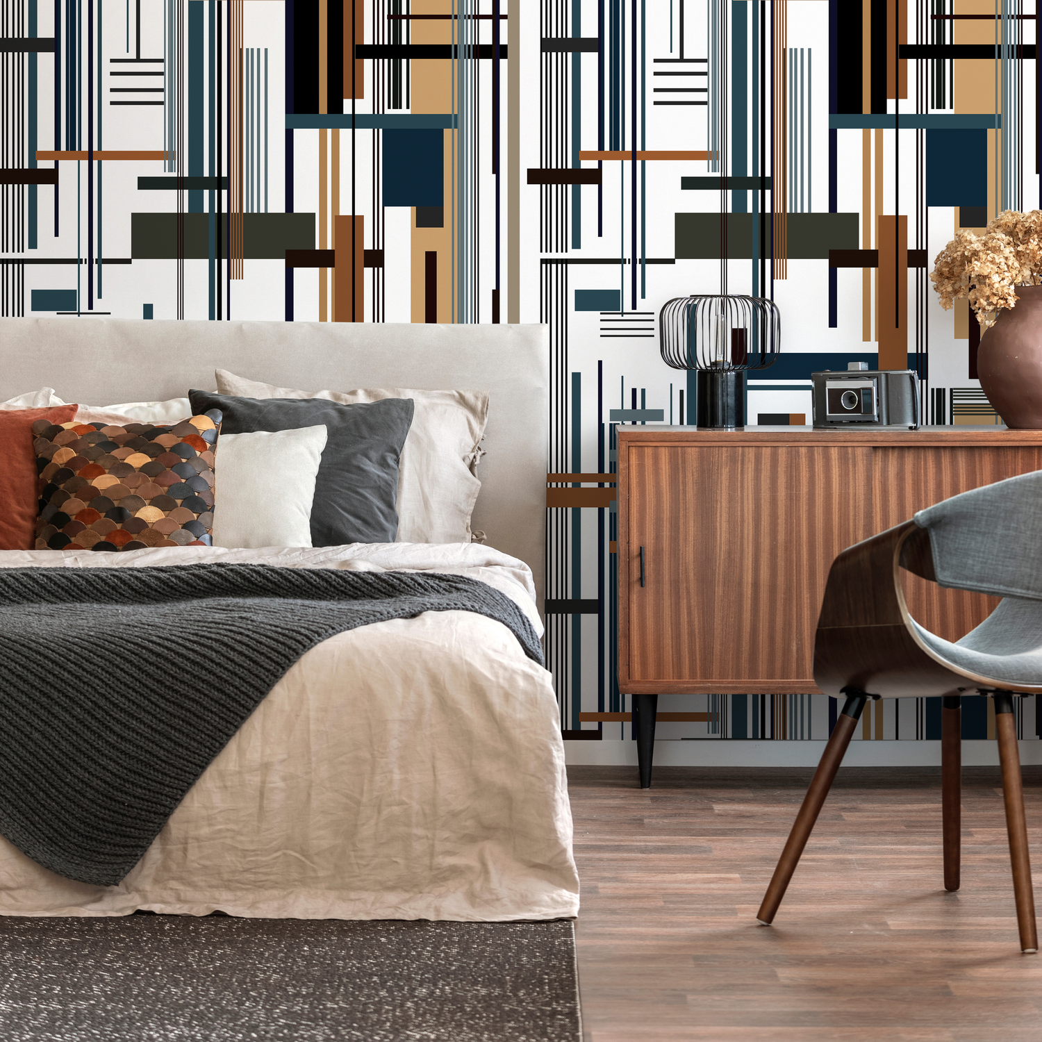 Abstract Wallpaper with Intersecting Geometric Lines in Black, Blue, and Brown - D752