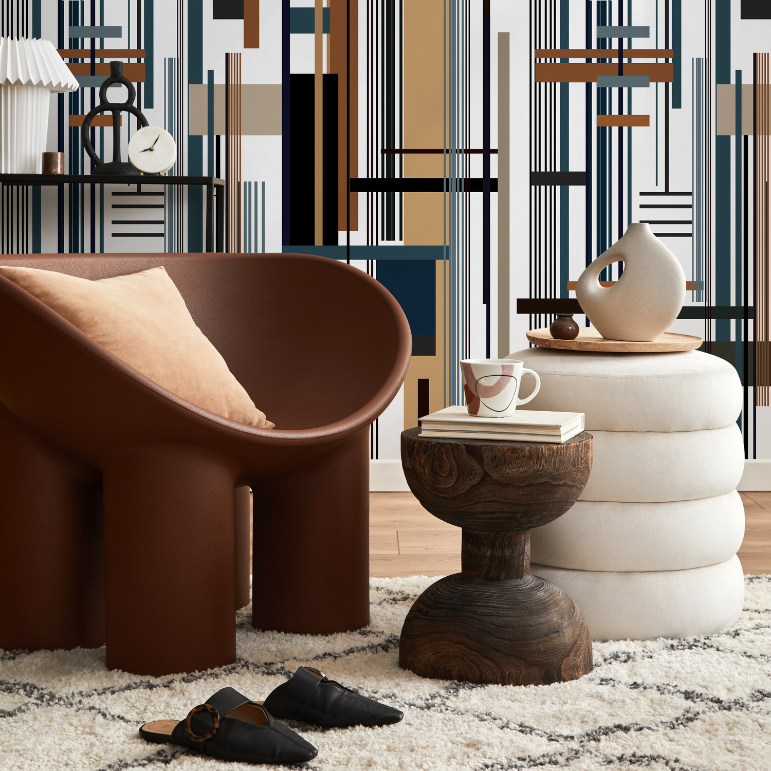 Abstract Wallpaper with Intersecting Geometric Lines in Black, Blue, and Brown - D752