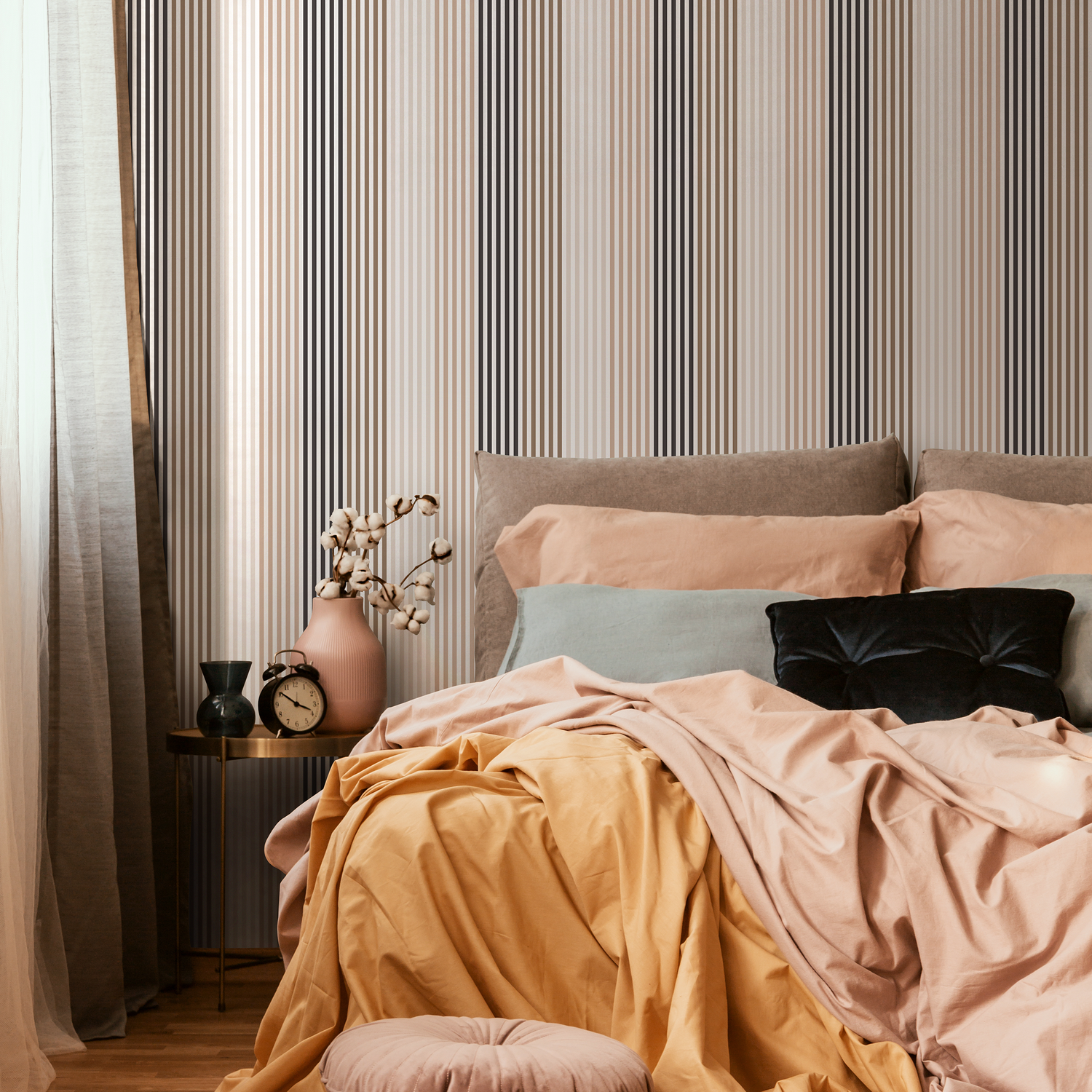 Modern Striped Wallpaper with Vertical Lines in Beige, Brown, and Black - D755