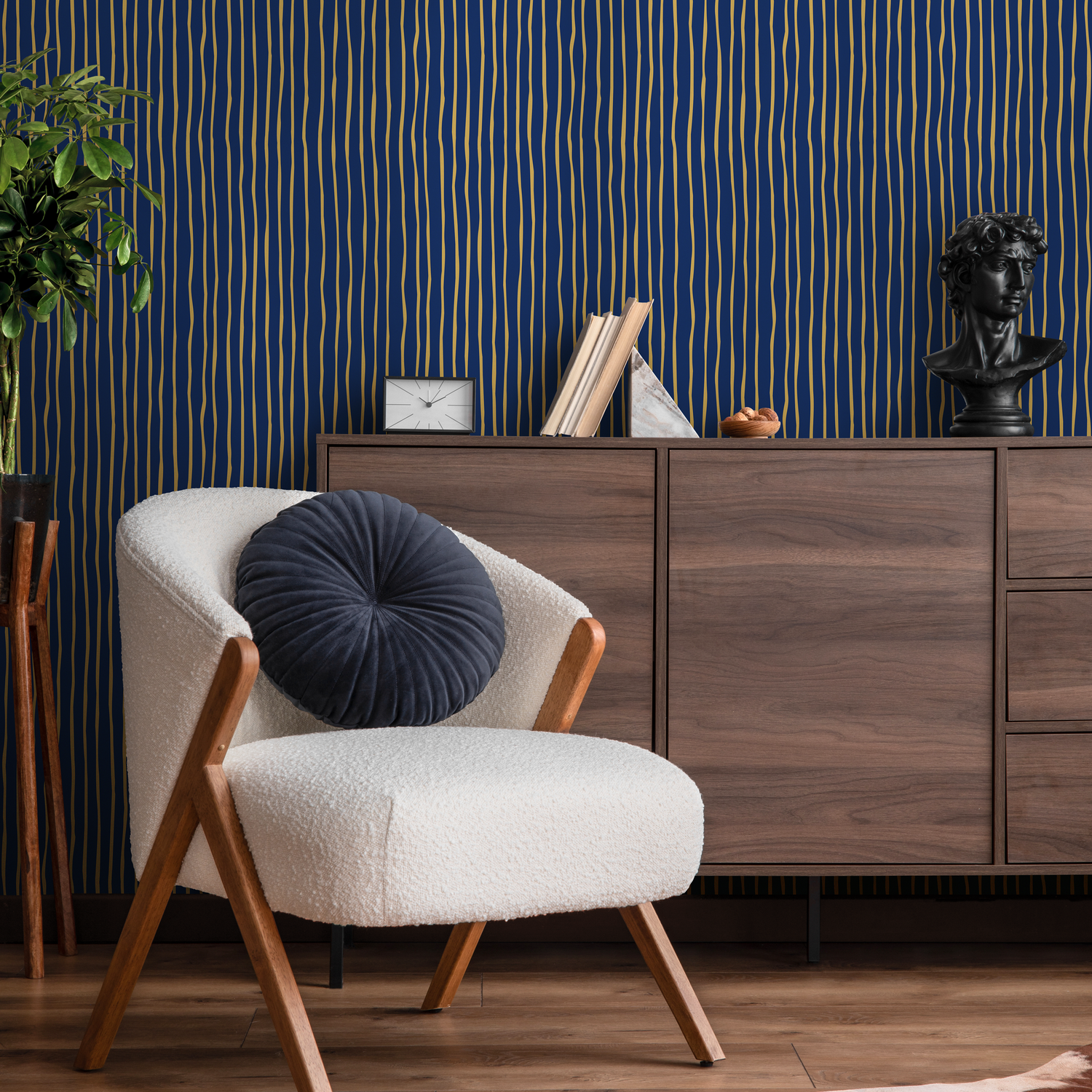 Striped Wallpaper with a Modern Wavy Line Motif in Gold and Navy Blue - D774