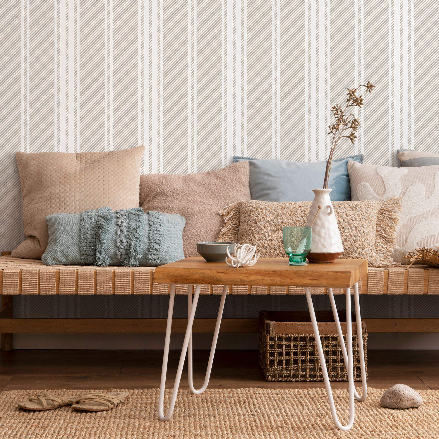 Striped Wallpaper with Textured Diagonal Lines in Beige and Cream - D782