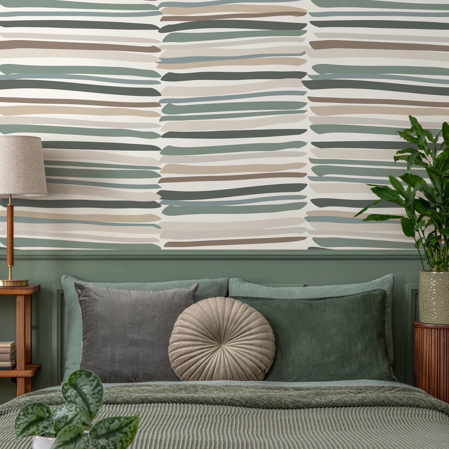 Striped Wallpaper with Organic Brushstrokes in Green, Brown, and Gray - D794