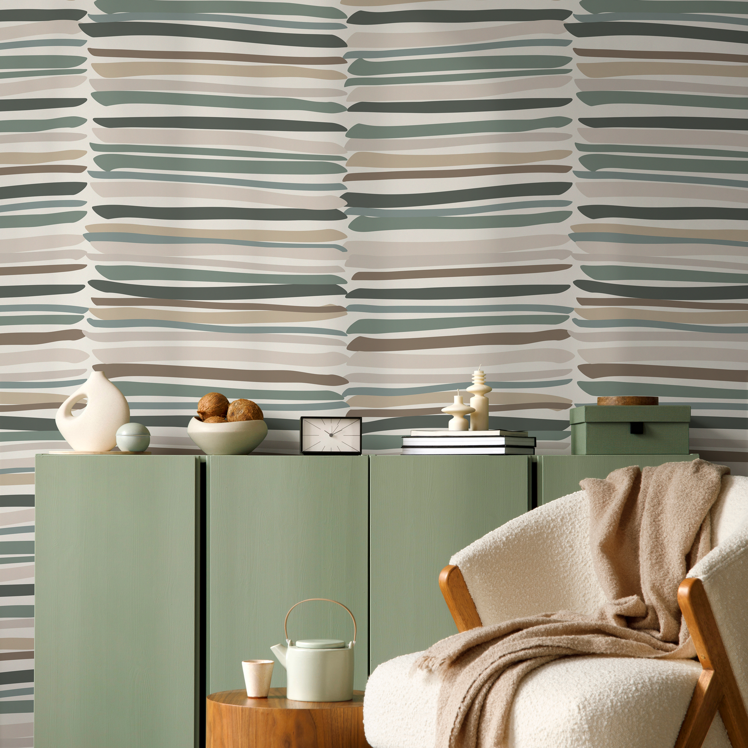Striped Wallpaper with Organic Brushstrokes in Green, Brown, and Gray - D794