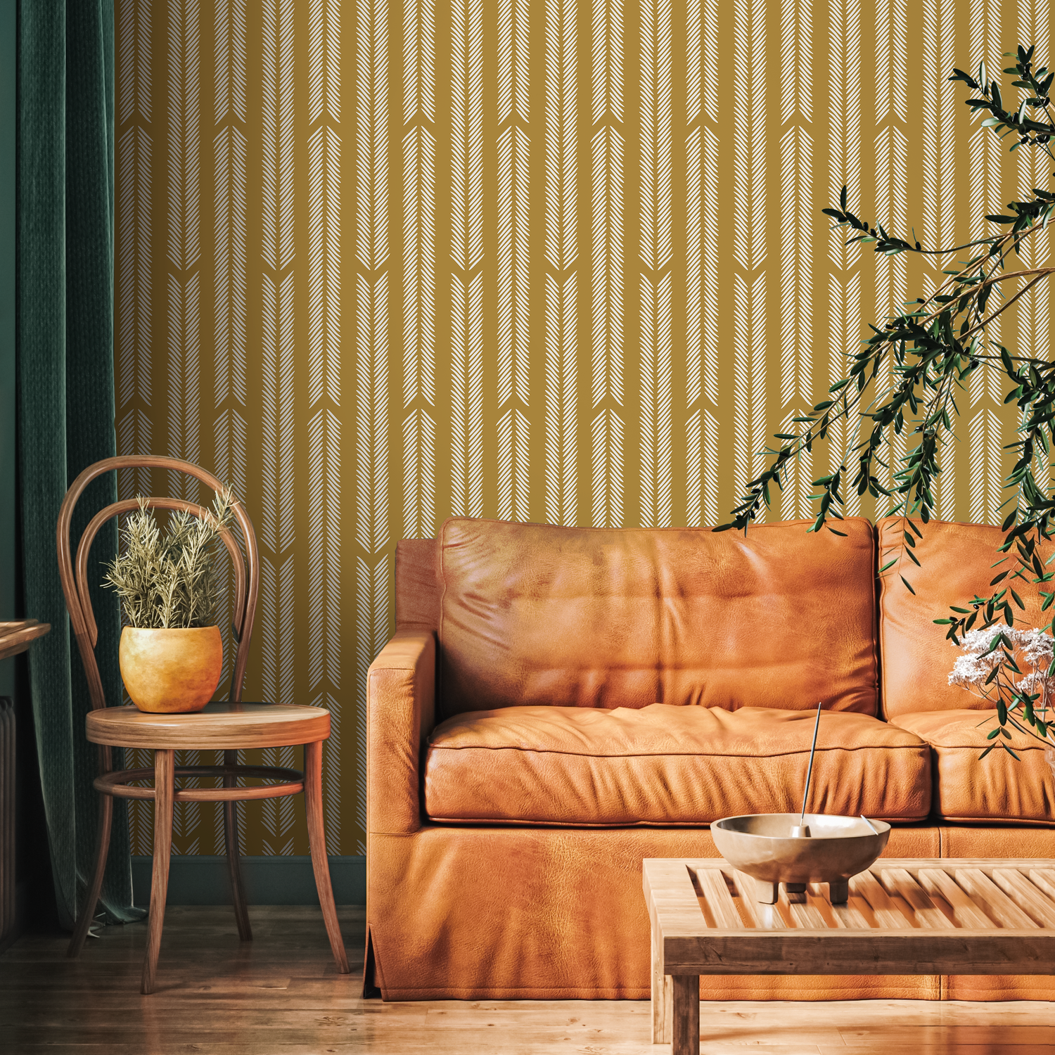 Mustard Herringbone Wallpaper Minimalist Wallpaper Peel and Stick and Traditional Wallpaper - D801 - ONDECOR.COM