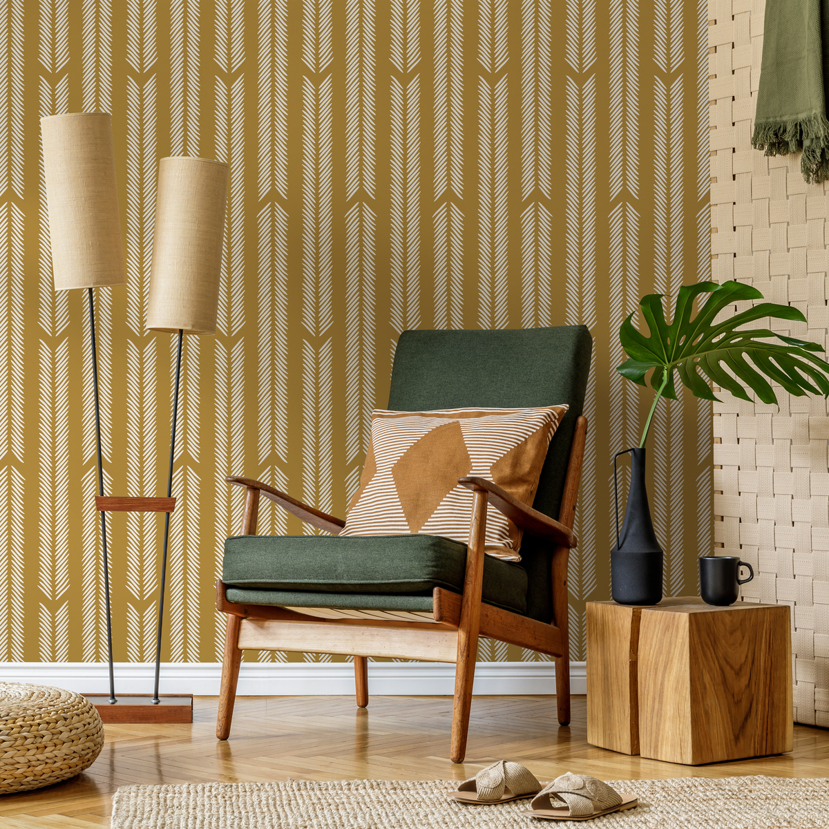 Mustard Herringbone Wallpaper Minimalist Wallpaper Peel and Stick and Traditional Wallpaper - D801 - ONDECOR.COM