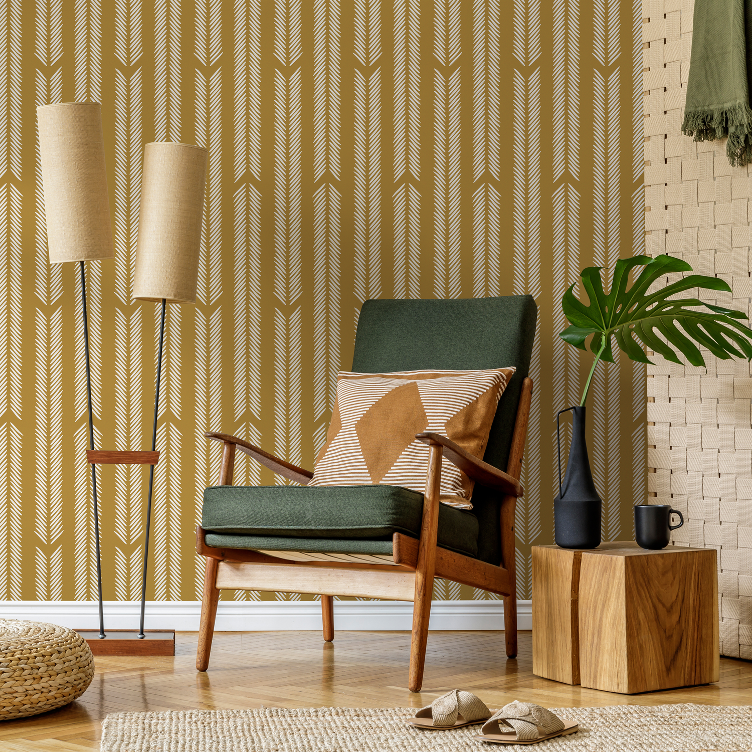 Mustard Herringbone Wallpaper Minimalist Wallpaper Peel and Stick and Traditional Wallpaper - D801 - ONDECOR.COM