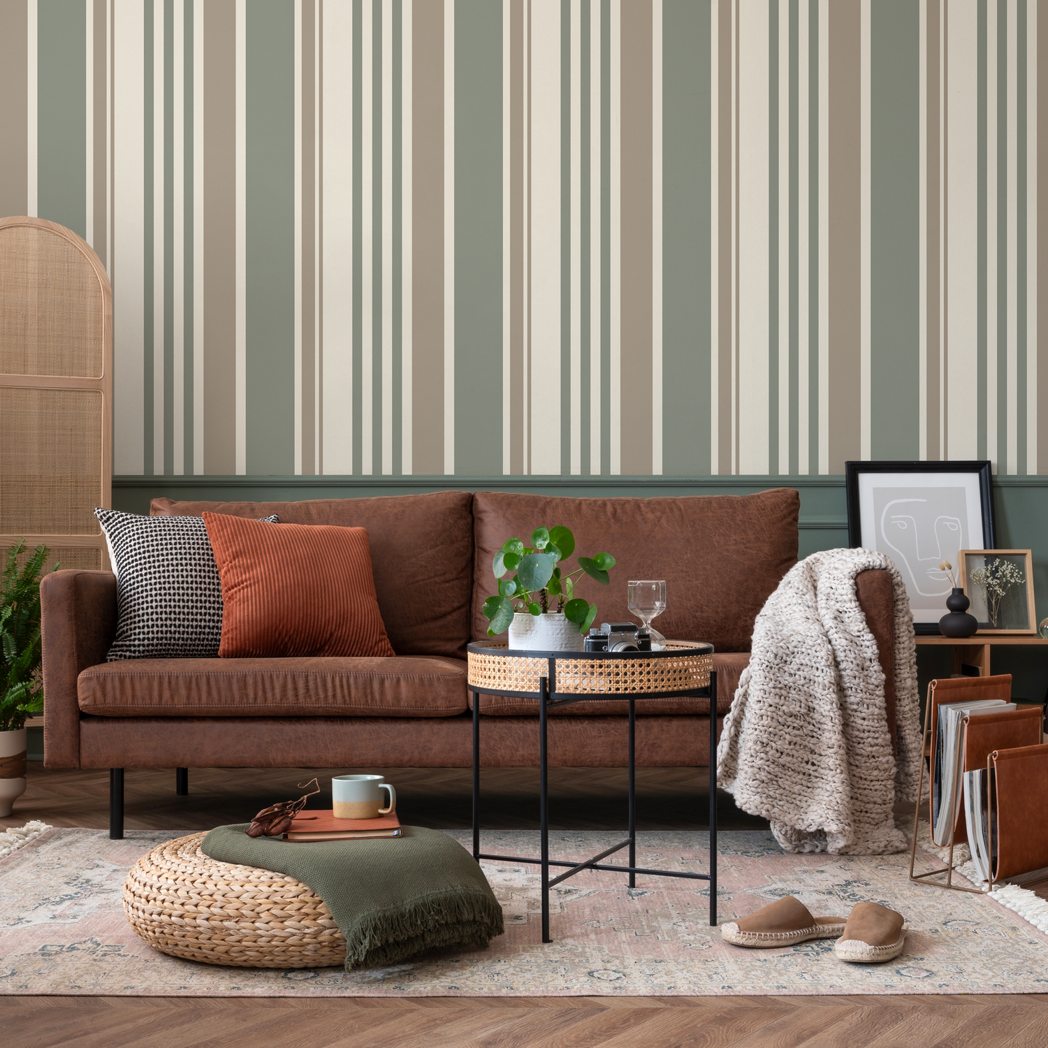 Striped Wallpaper with Vertical Lines in Green, Grey, and Cream - D808
