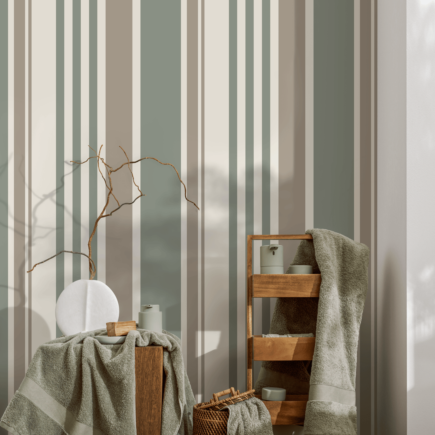 Striped Wallpaper with Vertical Lines in Green, Grey, and Cream - D808