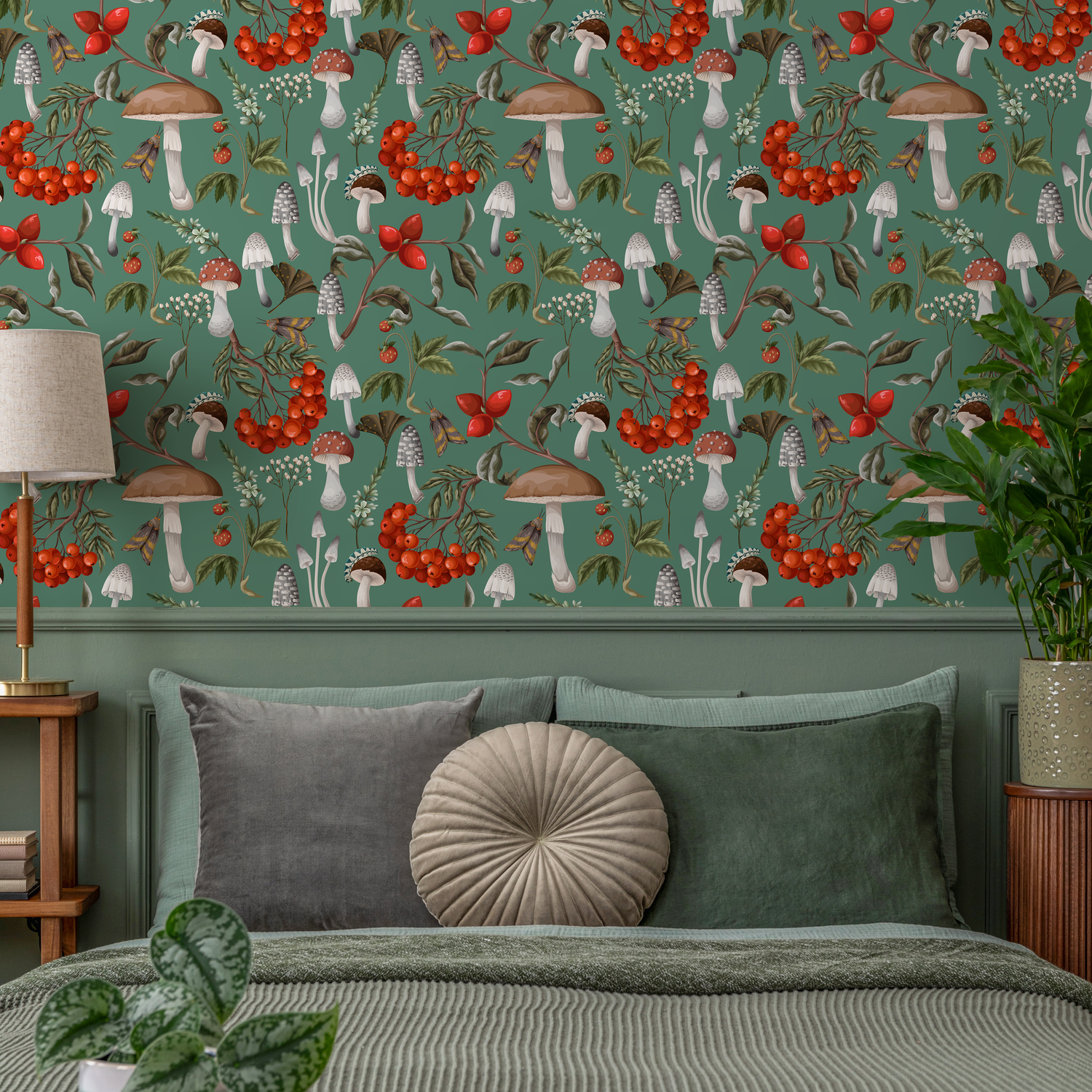 Papel pintado con diseño floral de hongos, botánico, autoadhesivo y tradicional - D818