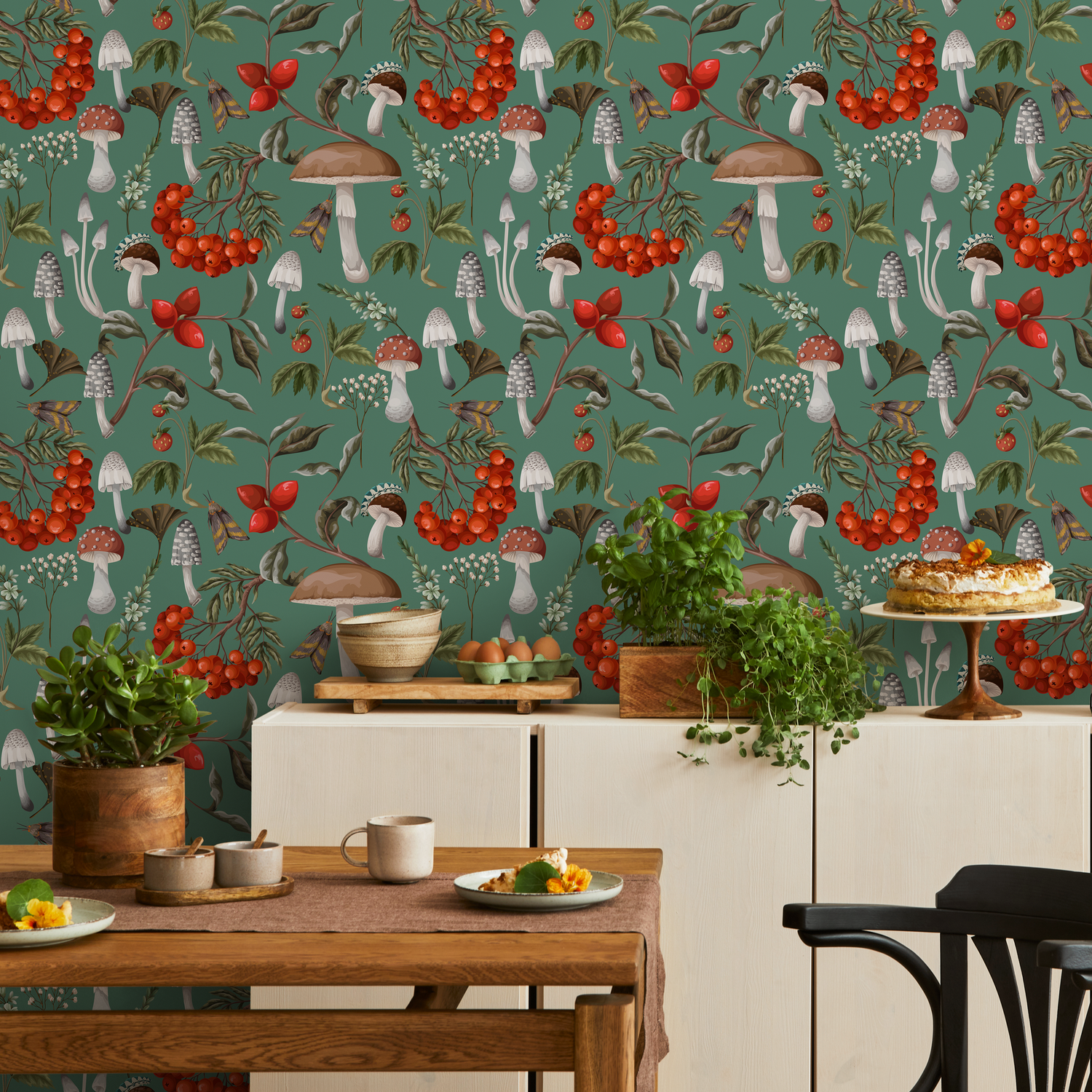 Papel pintado con diseño floral de hongos, botánico, autoadhesivo y tradicional - D818