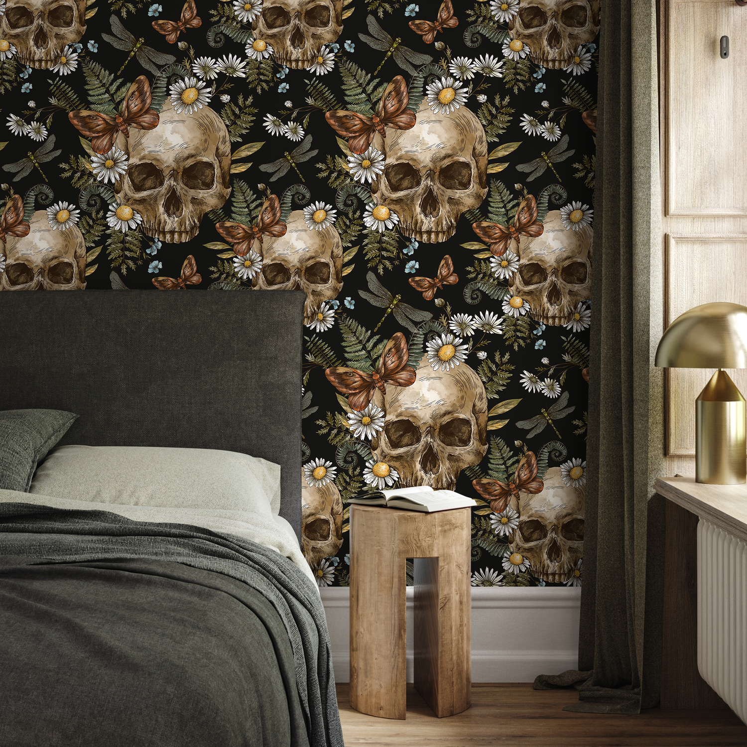 Gothic Wallpaper with Skulls, Ferns, and Daisies in Black, Green, and Brown - D829