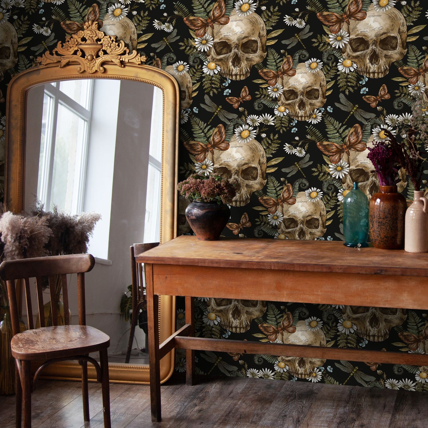 Gothic Wallpaper with Skulls, Ferns, and Daisies in Black, Green, and Brown - D829