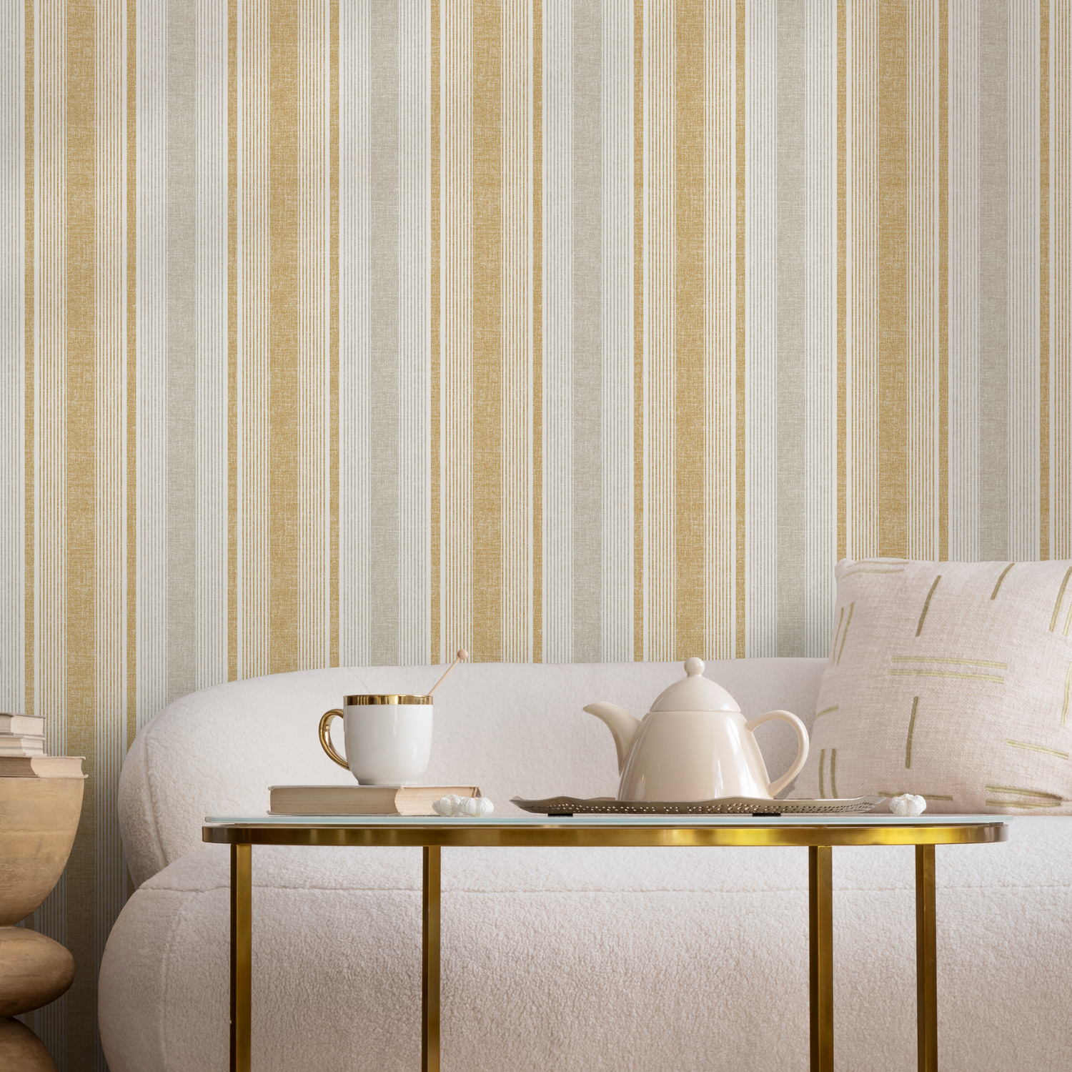 Textured Wallpaper with Vertical Stripes in Yellow, Grey, and Beige - D840