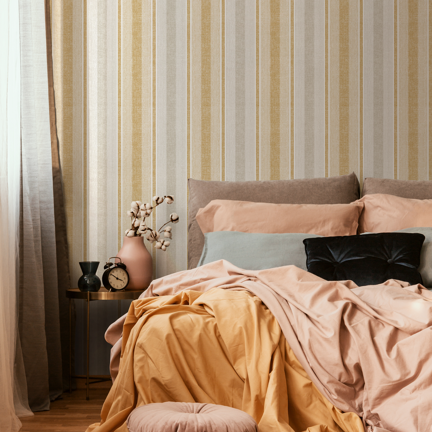 Textured Wallpaper with Vertical Stripes in Yellow, Grey, and Beige - D840