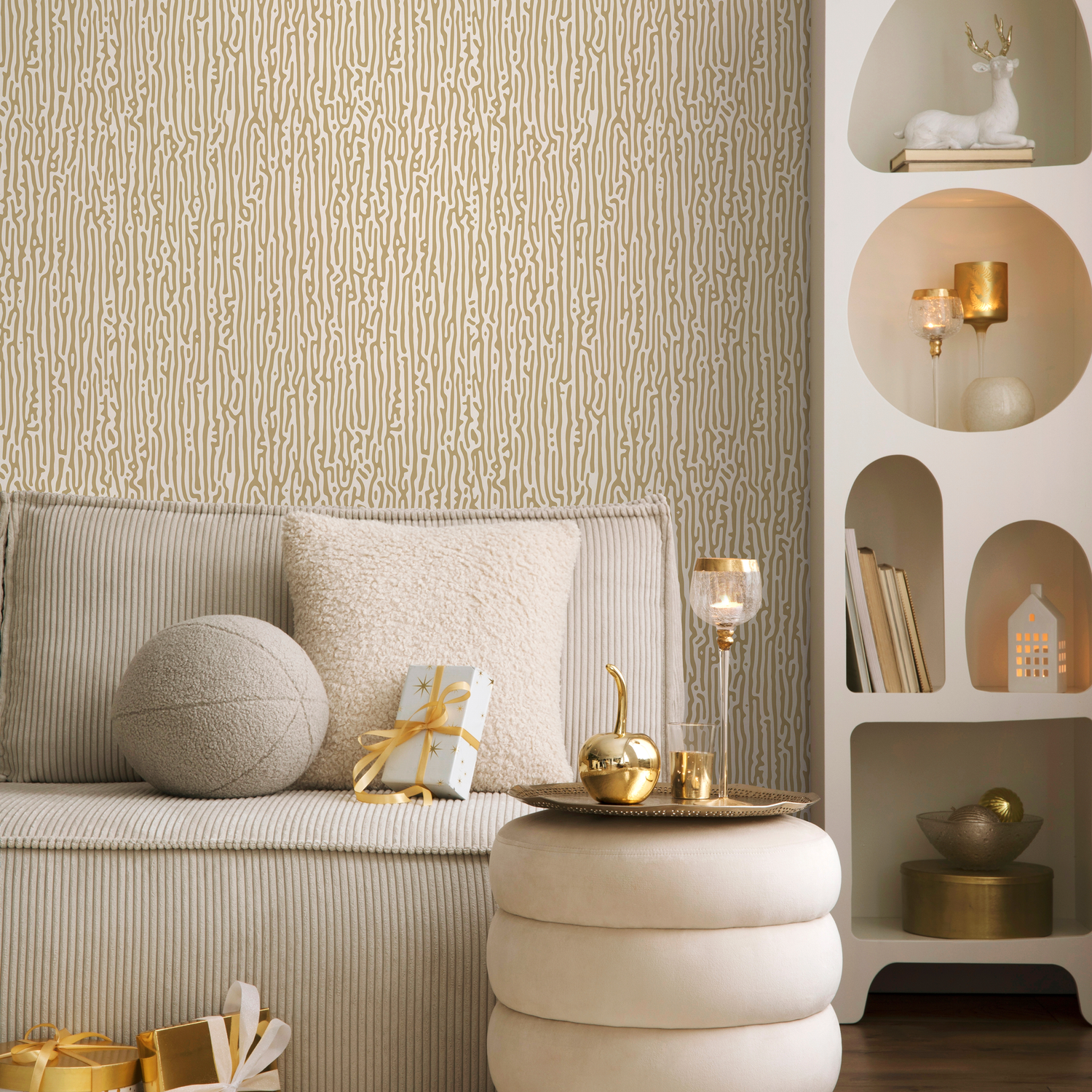 Striped Wallpaper with an Organic Motif in Beige and Light Grey - D855