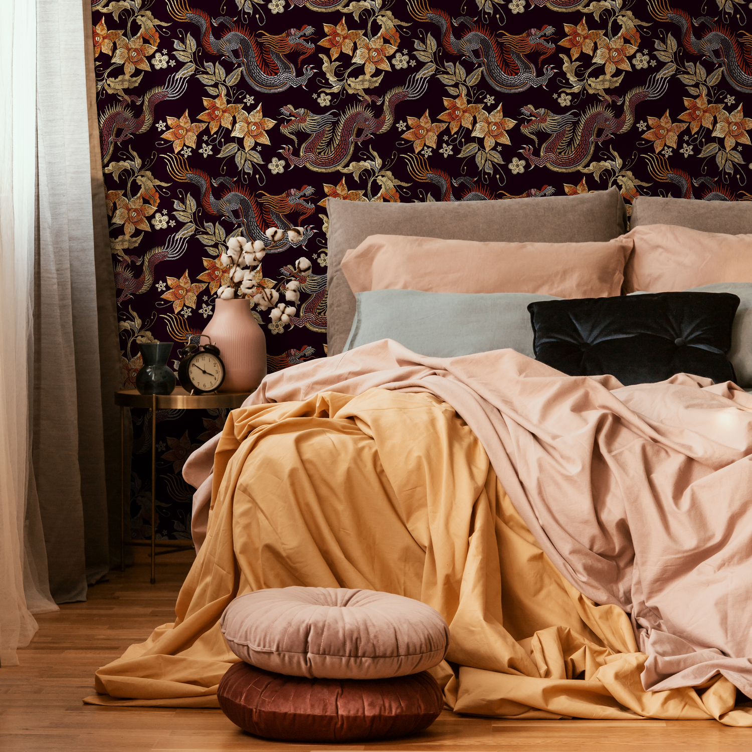 Chinoiserie Wallpaper with Dragons and Florals in Red and Orange - D874