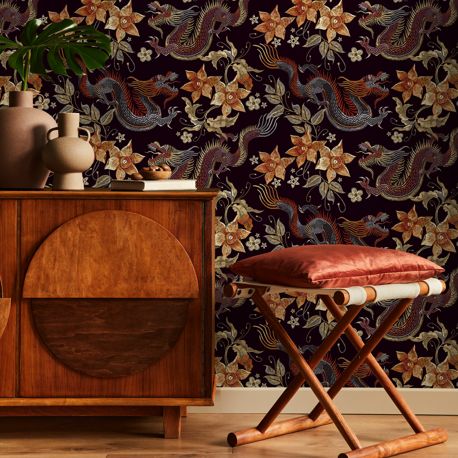 Chinoiserie Wallpaper with Dragons and Florals in Red and Orange - D874