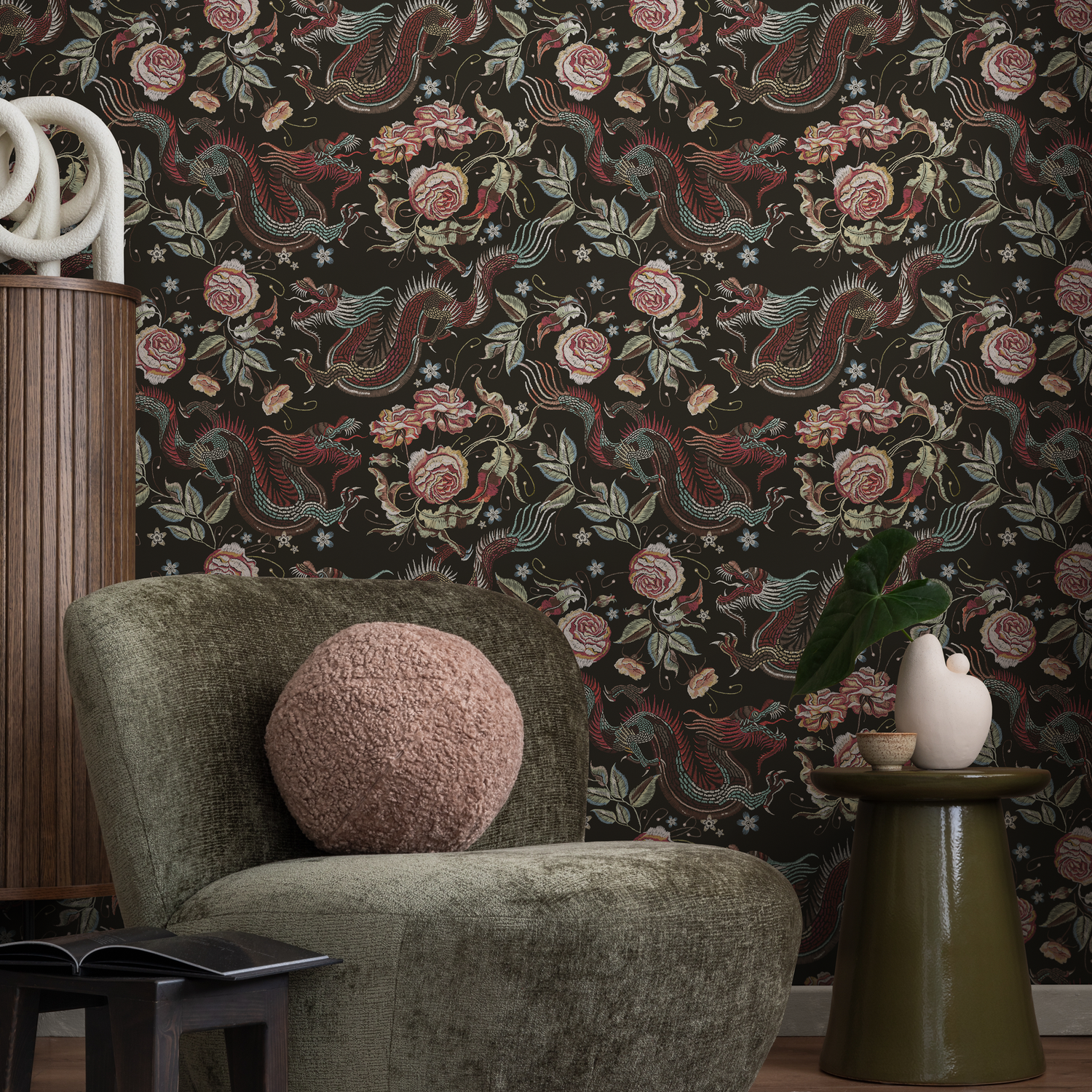 Chinoiserie Wallpaper with Dragons and Roses in Red, Pink, and Blue - D880