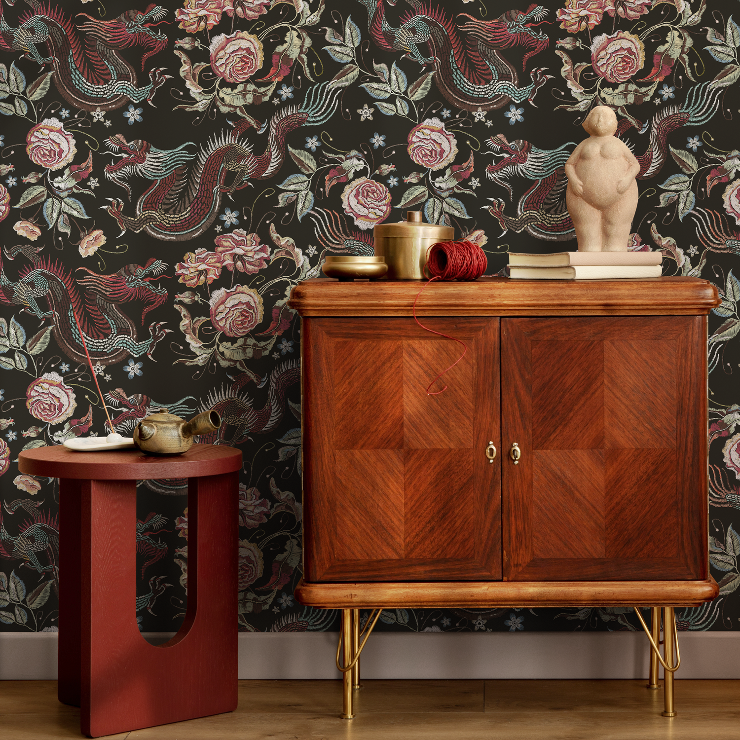 Chinoiserie Wallpaper with Dragons and Roses in Red, Pink, and Blue - D880