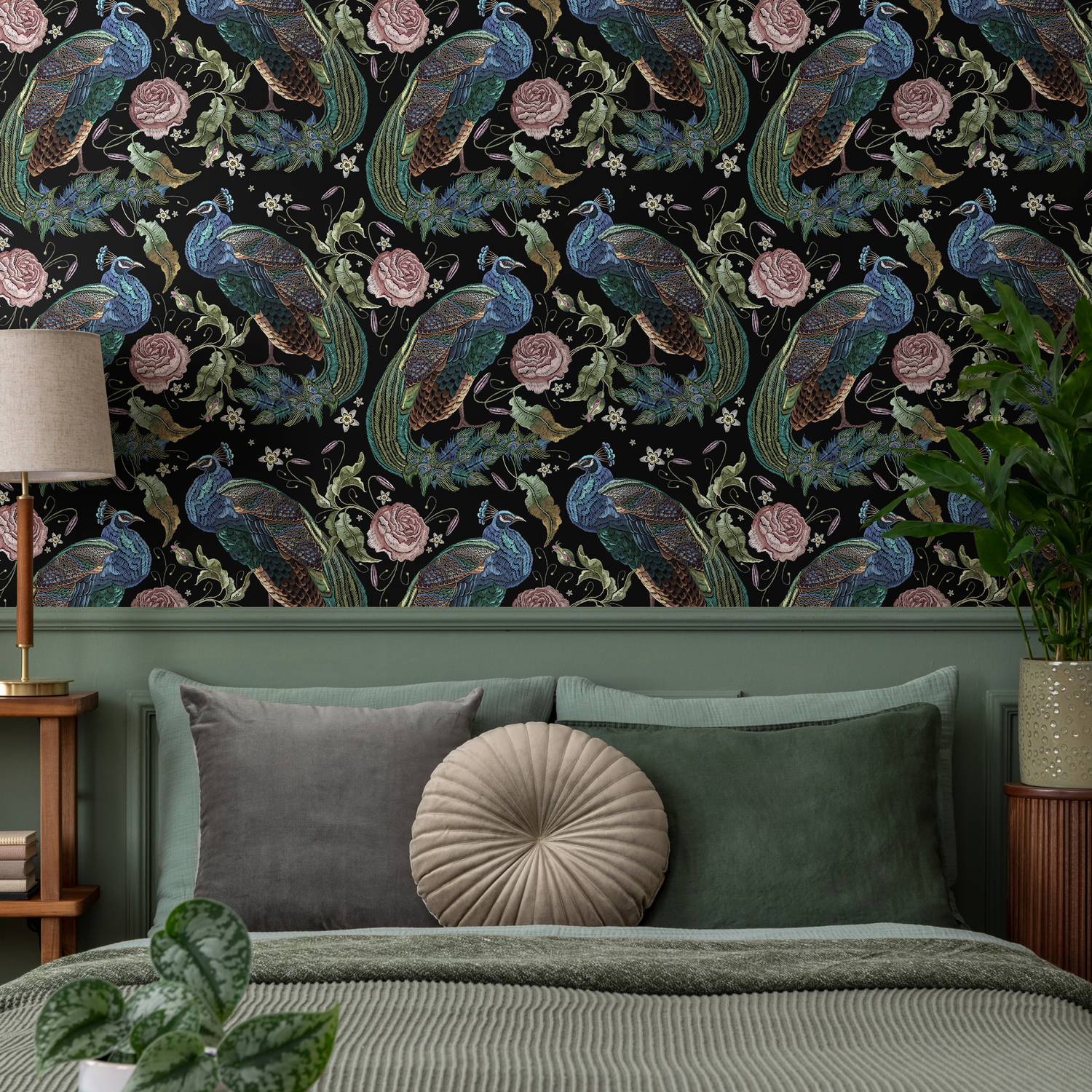 Floral Wallpaper with Embroidered Peacocks and Roses in Black, Blue, and Pink - D884