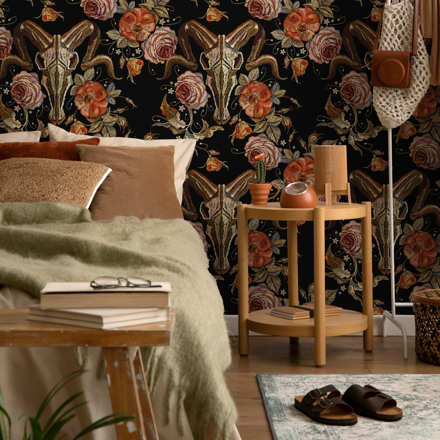Gothic Wallpaper with Embroidered Goat Skulls and Roses in Black, Orange, and Pink - D886