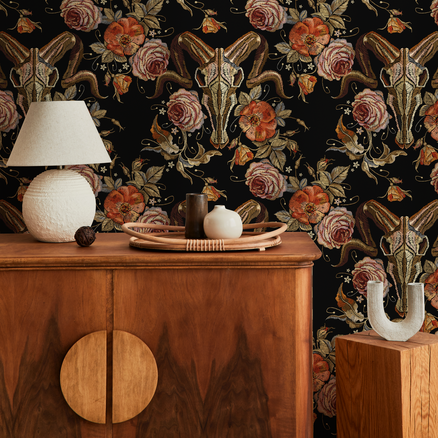 Gothic Wallpaper with Embroidered Goat Skulls and Roses in Black, Orange, and Pink - D886
